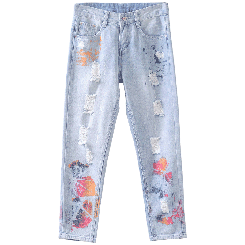 Jeans Femme Des Trous Dans Les Jeans Tendance Personnalité Neuvième Pantalon Harlan Étudiant Impression Bleu Clair