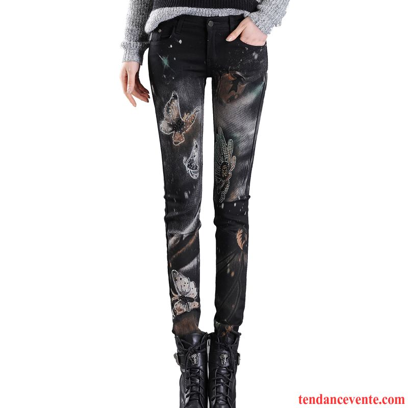 Jeans Femme Fleur Plus De Velours Peinture Personnalité Extensible Slim Impression Noir