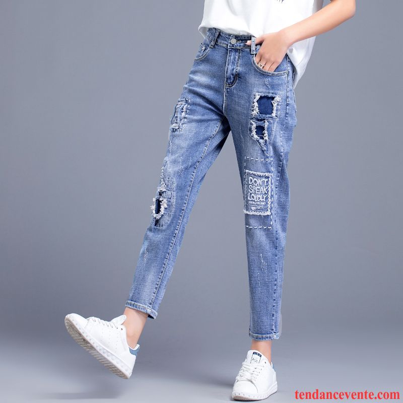Jeans Femme Forme Haute Cintrée Baggy Harlan Légère Été Neuvième Pantalon Bleu