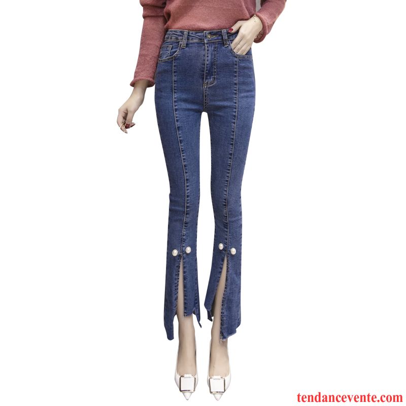 Jeans Femme Forme Haute Cintrée Extensible Jean Évasé Mince Neuvième Pantalon Moulant Bleu
