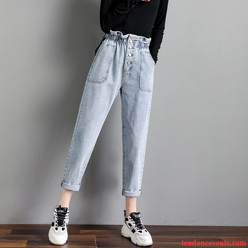 Jeans Femme Forme Haute Cintrée Pantalon Mince Mode Harlan Trier Les Boutons Bleu