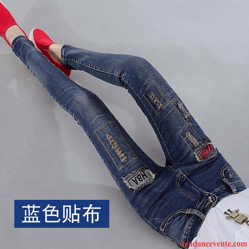 Jeans Femme Forme Haute Cintrée Troués Étudiant Mince Tous Les Assortis Pantalon Bleu