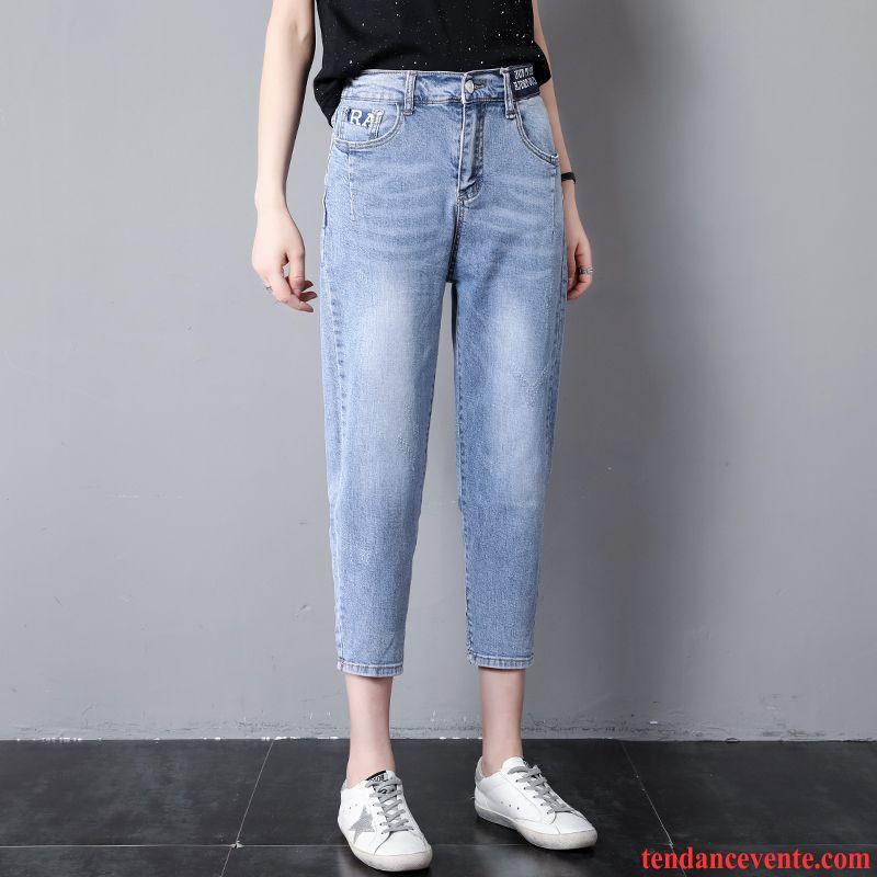 Jeans Femme Légère Huit Pantalons Dame Forme Haute Cintrée Baggy Été Bleu