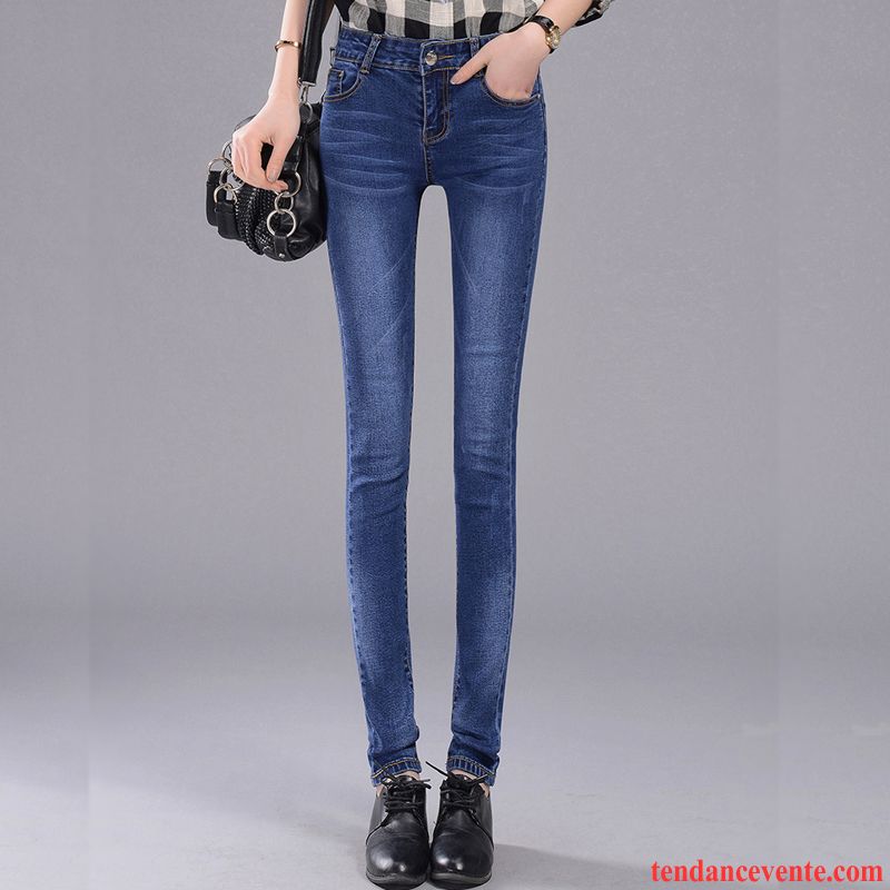 Jeans Femme Légère Printemps Extensible Mince Pantalon Maigre Bleu Marin