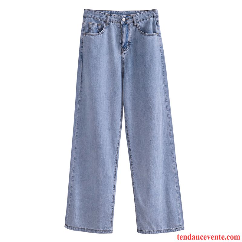 Jeans Femme Mince Baggy Pantalon Été Forme Haute Cintrée Jambe Droite Bleu