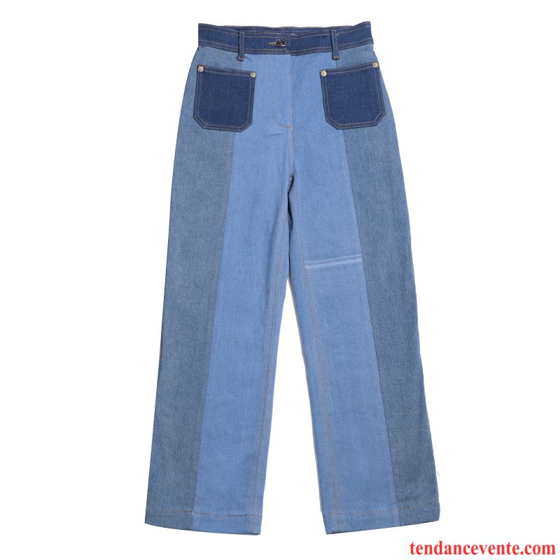 Jeans Femme Mince Forme Haute Cintrée L'automne Baggy Jambe Droite Personnalité Couleurs Mixtes Couleur De Contraste Bleu