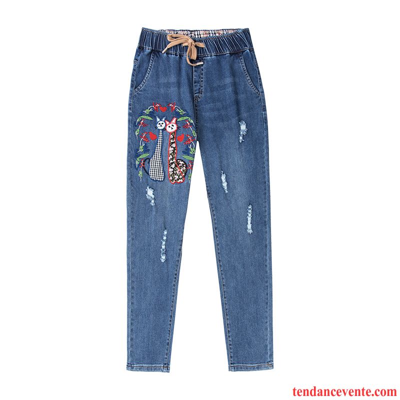 Jeans Femme Mode Broderie Élastique Baggy L'automne Tendance Bleu Marin