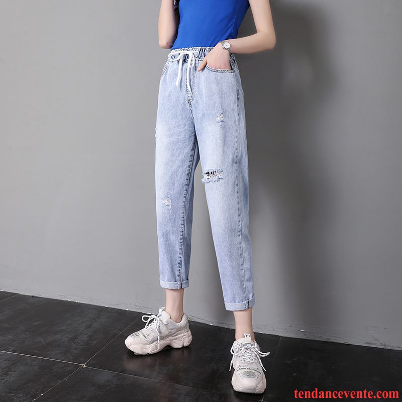 Jeans Femme Neuvième Pantalon Des Trous Dans Les Jeans Harlan Mince Baggy Élastique Bleu