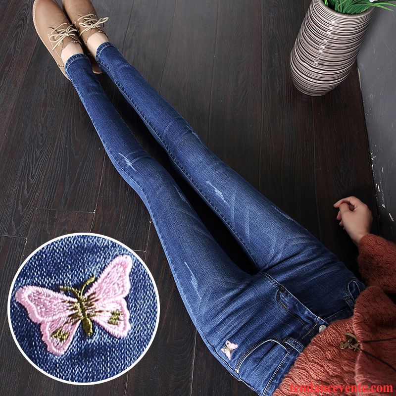 Jeans Femme Pantalon Extensible Mince Forme Haute Cintrée Plus De Velours Printemps Bleu