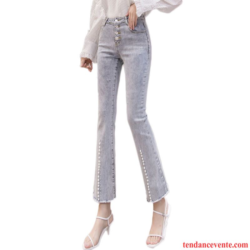 Jeans Femme Pantalon Trier Les Boutons Forme Haute Cintrée Jean Évasé Légèrement Bleu