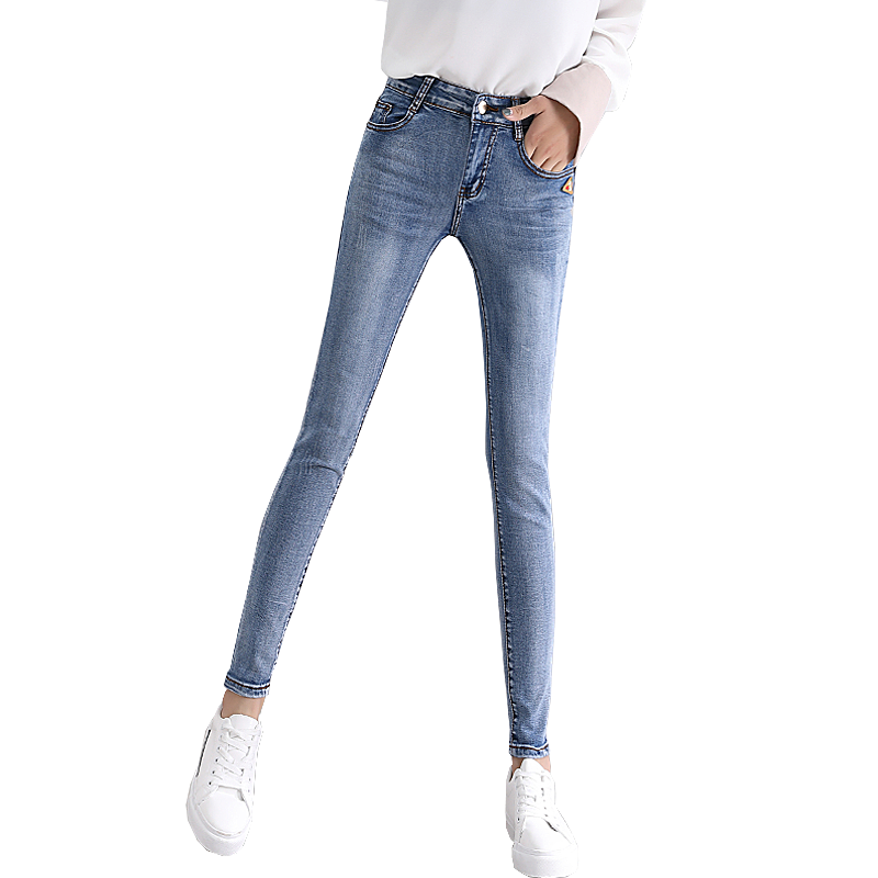 Jeans Femme Printemps Extensible Middle Waisted Mince Pantalons Crayon Moulant Bleu Clair Noir