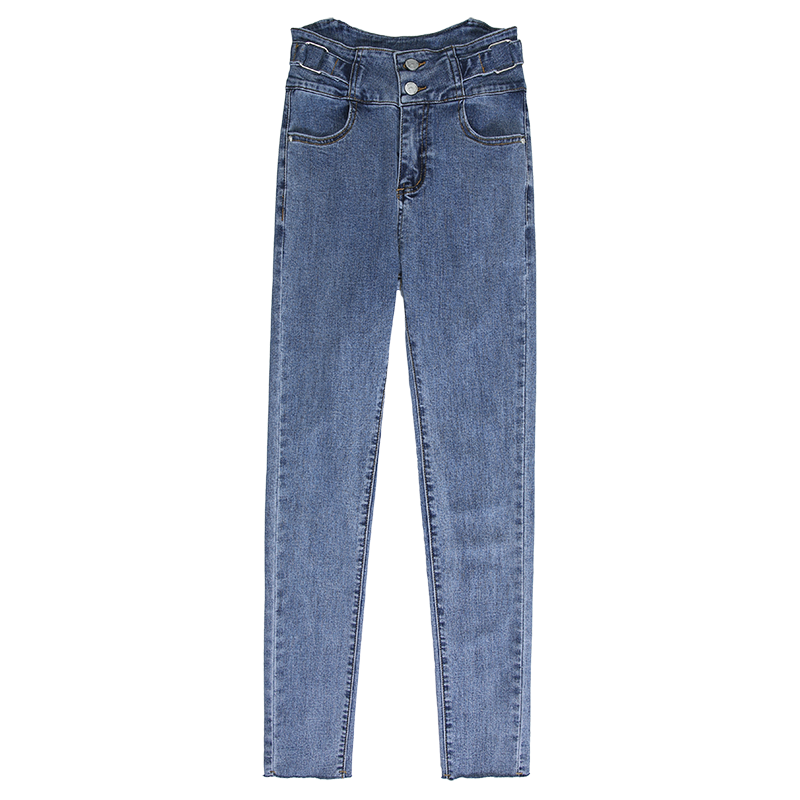 Jeans Femme Printemps Mince Pantalons Crayon Forme Haute Cintrée Moulant Tous Les Assortis Bleu Marin