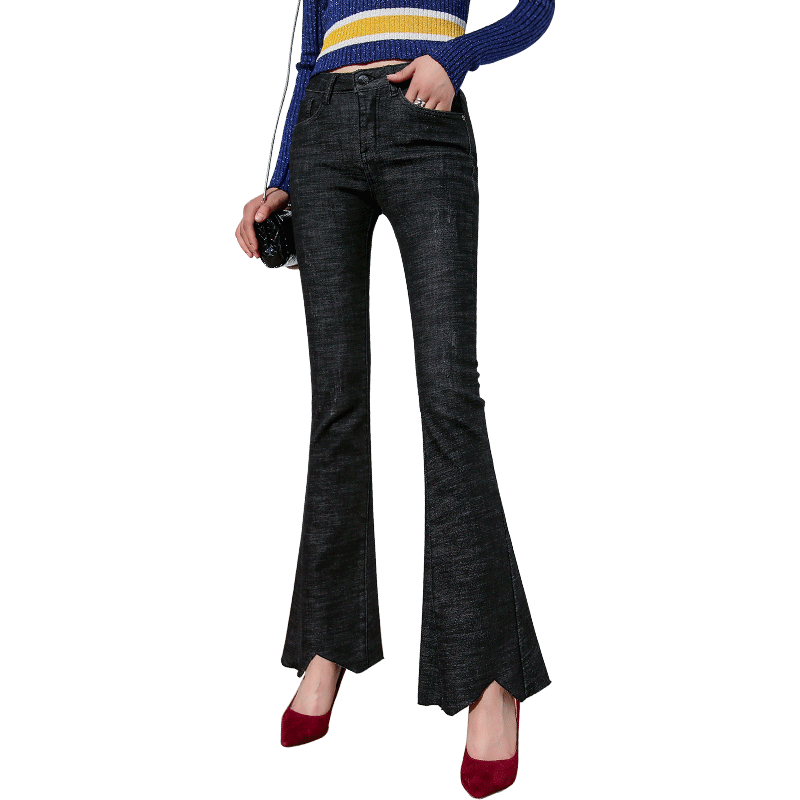 Jeans Femme Printemps Mince Slim Irrégulier Légèrement Extensible Noir