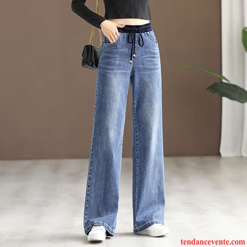 Jeans Femme Élastique Pantalon L'automne Décontractée Jambe Droite Pantalons Bleu