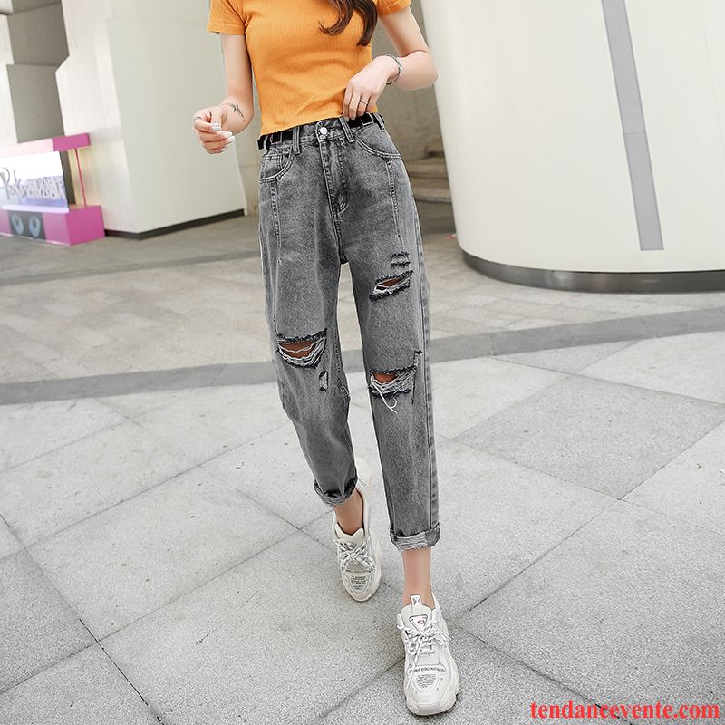 Jeans Femme Été Forme Haute Cintrée Des Trous Dans Les Jeans Baggy Neuvième Pantalon Harlan Gris