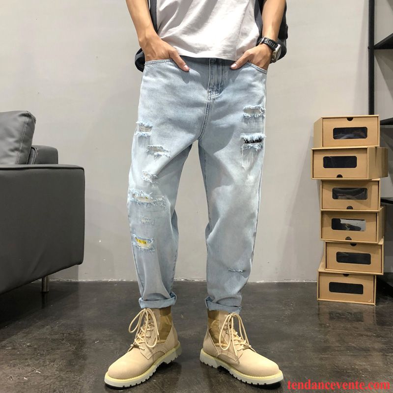 Jeans Homme Baggy Troués Jambe Droite Décontractée Tous Les Assortis Tendance Bleu Clair