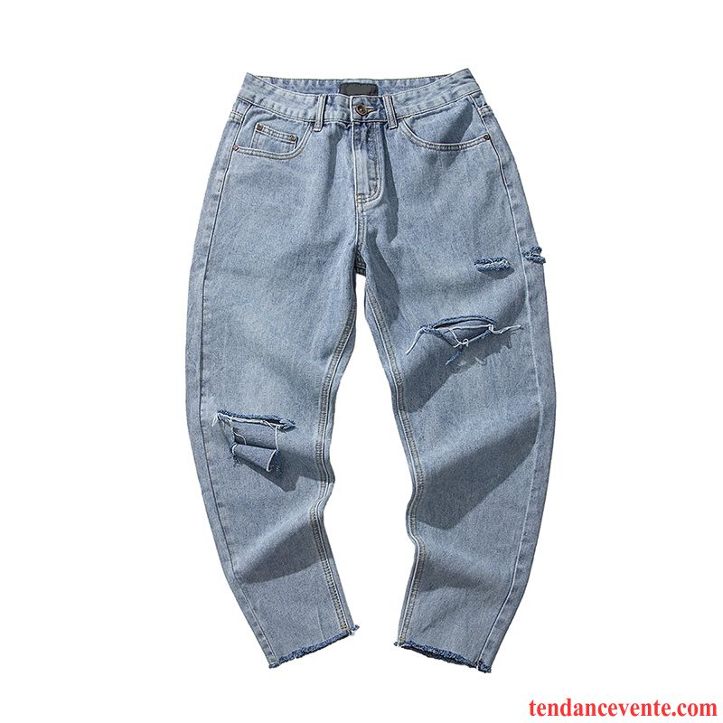 Jeans Homme Beau Baggy Tous Les Assortis Des Trous Dans Les Jeans Neuvième Pantalon Tendance Bleu Clair Rouge