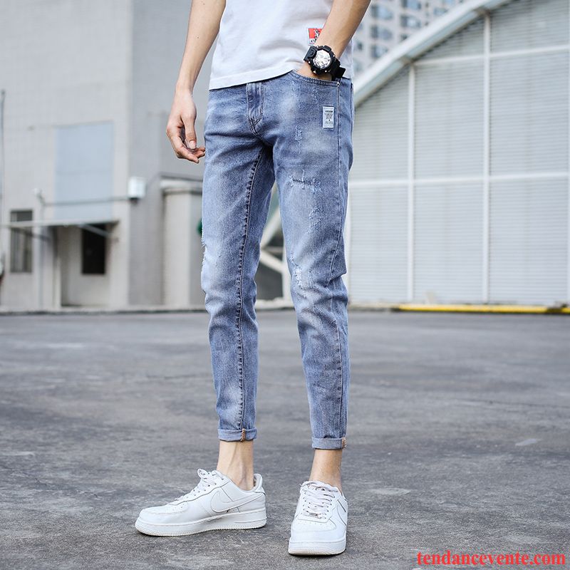 Jeans Homme Extensible Printemps Tous Les Assortis Tendance Neuvième Pantalon Décontractée Bleu Clair