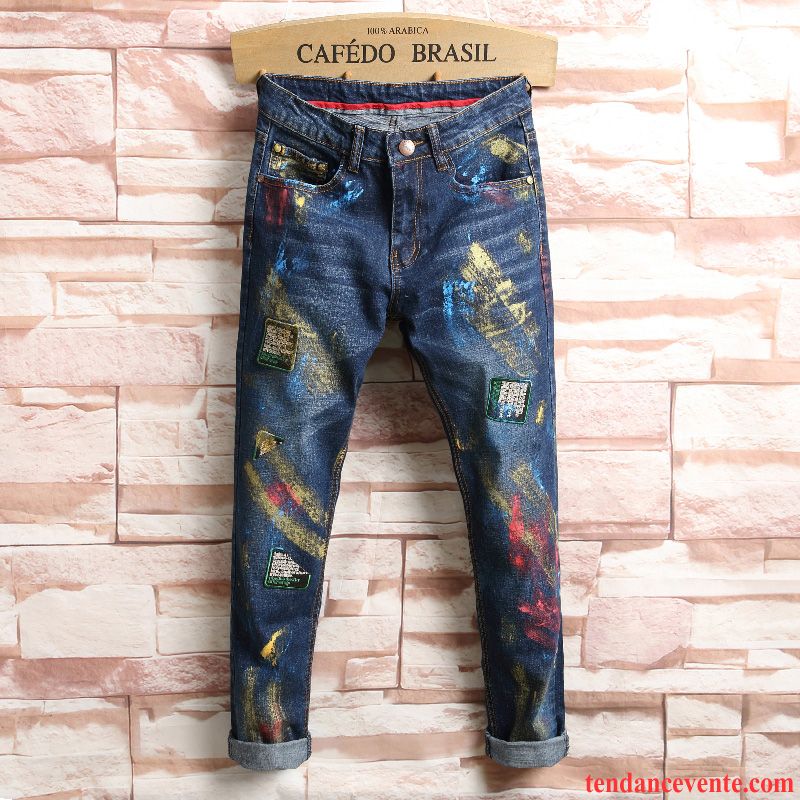 Jeans Homme Graffiti Étudiant Pantalon Mode Tendance Couleur Bleu