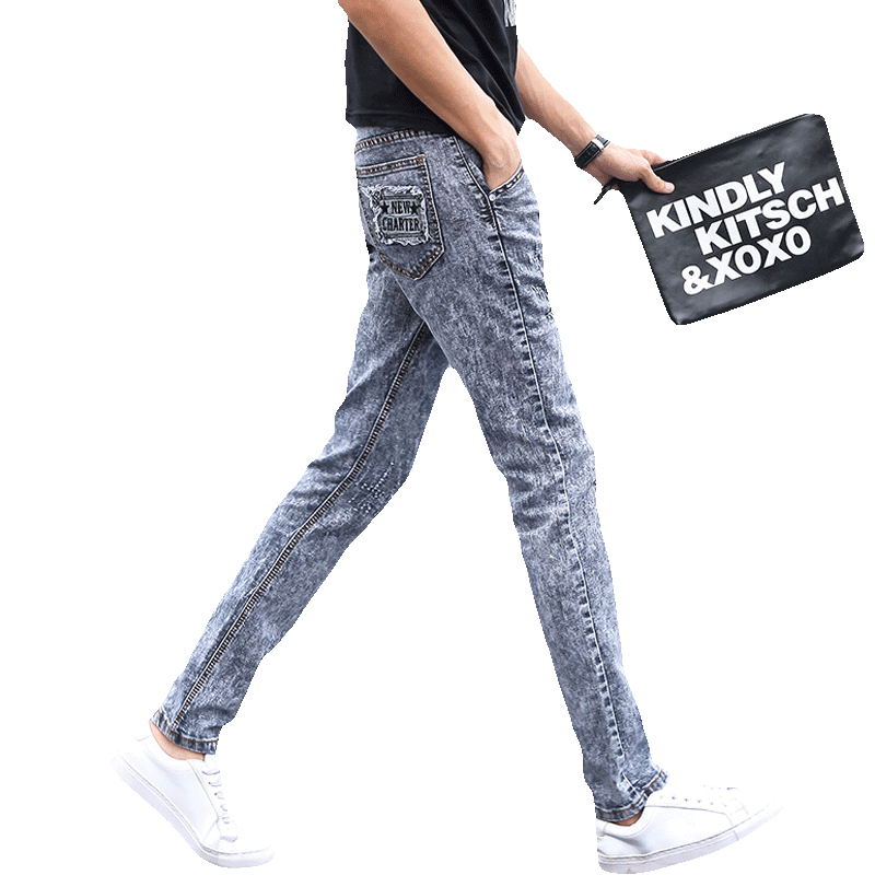 Jeans Homme Gris Gris Rétro Homme Fleur Jambe Droite Décontractée L'automne Slim Maigre Pantalon Tendance Tous Les Assortis Or