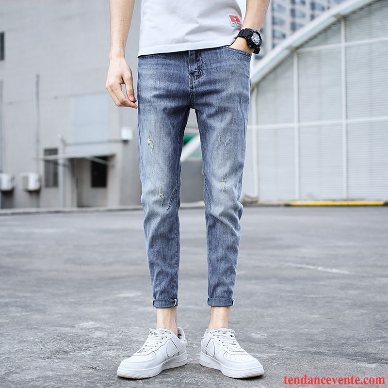 Jeans Homme Jeunesse Tendance Maigre Décontractée Été Troués Bleu Clair