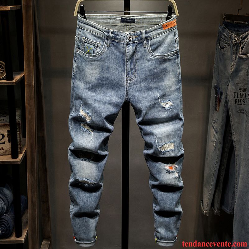 Jeans Homme Neuvième Pantalon Maigre Tendance Slim Des Trous Dans Les Jeans Été Bleu Clair