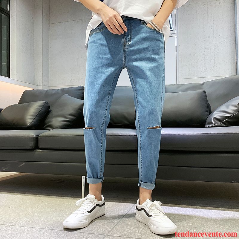 Jeans Homme Neuvième Pantalon Slim Beau Tous Les Assortis Tendance Des Trous Dans Les Jeans Bleu