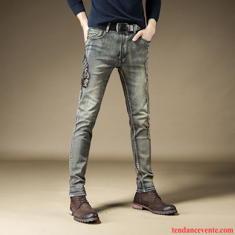Jeans Homme Pantalon Maigre Rétro Slim Tendance Bleu Or
