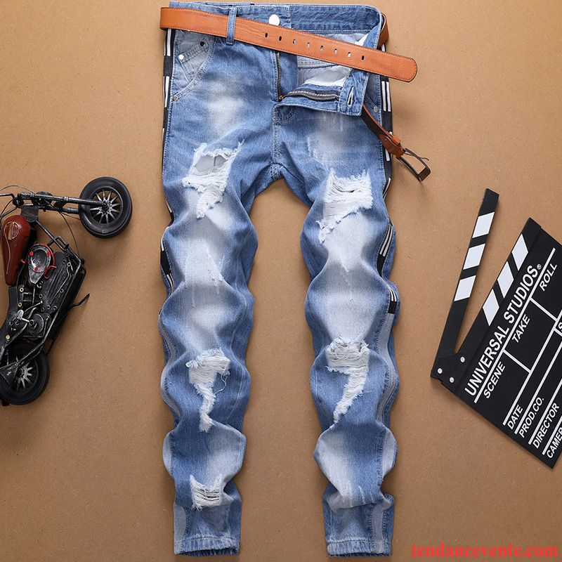 Jeans Homme Personnalité Jambe Droite Troués Tendance Jeunesse Été Bleu Clair Bleu