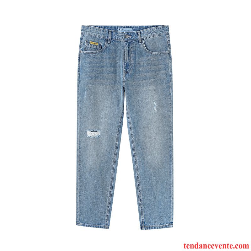 Jeans Homme Printemps Des Trous Dans Les Jeans Pantalon Tous Les Assortis Jambe Droite Été Bleu