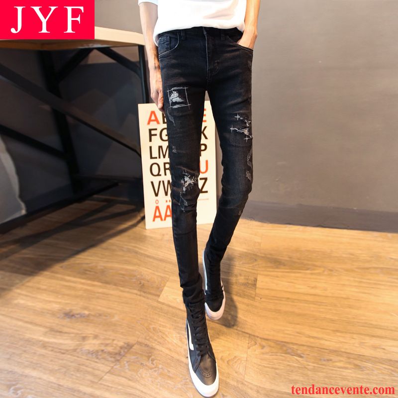 Jeans Homme Skinny Tendance Jeunesse Hiver L'automne Mince Troués Slim Homme Noir Maigre