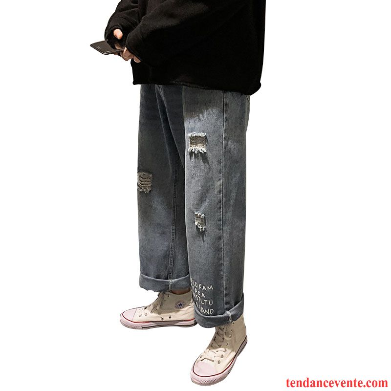 Jeans Homme Tendance Des Trous Dans Les Jeans Baggy Beau Pantalon Jambe Droite Impression Rouge Gris