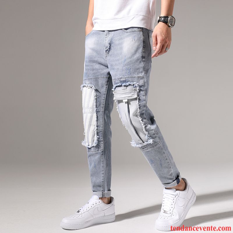 Jeans Homme Tendance Slim Printemps Troués Pantalon Extensible Bleu Clair