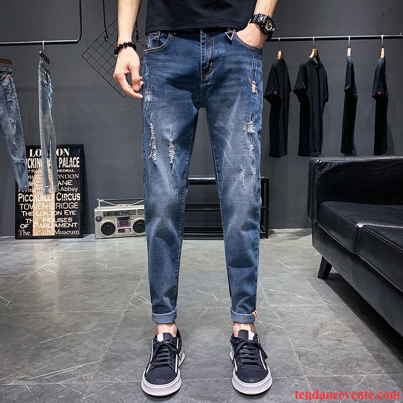 Jeans Homme Troués Extensible Tendance Printemps Été Bleu