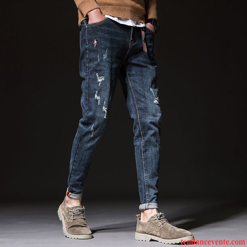 Jeans Homme Troués Pantalon Tendance Extensible Tous Les Assortis Personnalité Bleu