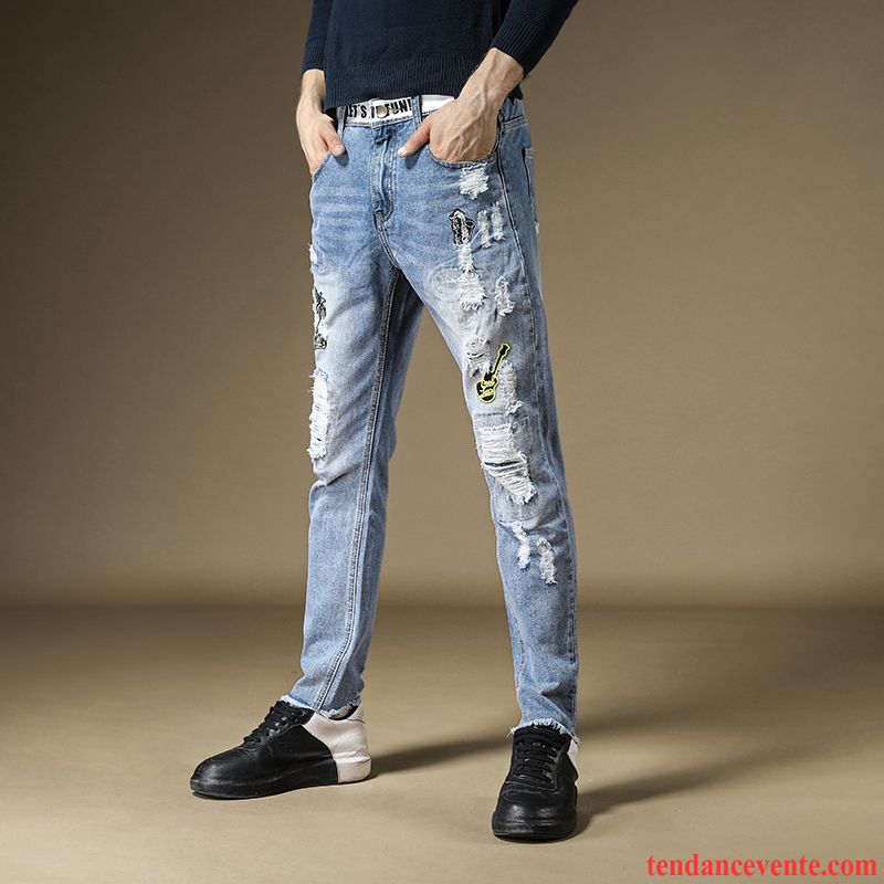 Jeans Homme Troués Tendance Rétro Broderie Personnalité Pantalon Bleu Clair