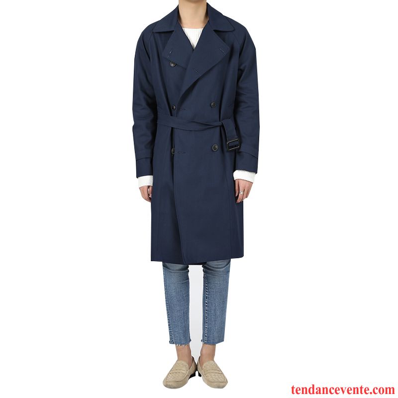 Long Manteau Homme Décontractée Longue Manteau Homme Coupe Vent Bleu Jeunesse Printemps L'automne Trier Les Boutons Baggy Laçage Pardessus