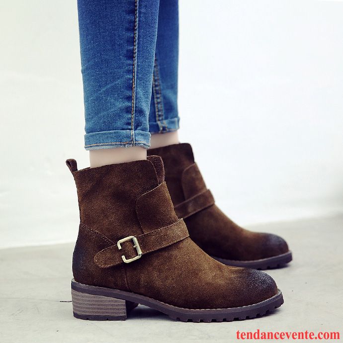 Magasin De Chaussure Bottes Plus De Velours Hiver Épais Matelassé Angleterre L'automne Cuir Véritable Rétro Femme Délavé En Daim