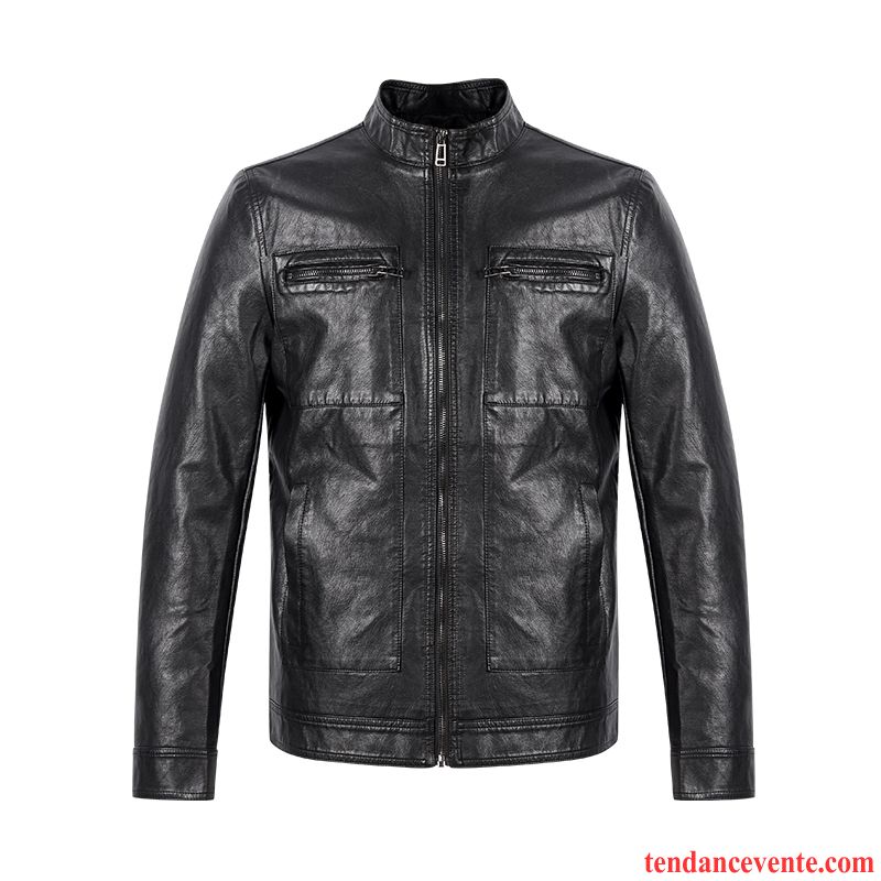 Manteau Cuir Pas Cher Jeunesse Pardessus Noir Homme Col Mandarin Mode Slim Veste Pu Tendance L'automne Cuir