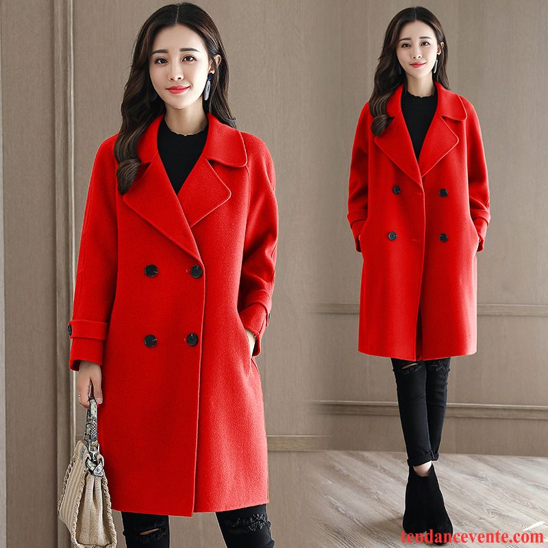 Manteau Femme Avec Manche En Cuir De Laine Longue Femme Hiver Rouge Slim Trier Les Boutons Pardessus L'automne Manteau Tendance Neige