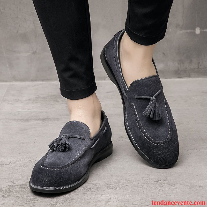 Mocassin Homme Tendance Gris Paresseux Slip-on Rétro Respirant Décontractée Cuir Suédé Homme Cuir Véritable Angleterre L'automne Lilas Pas Cher