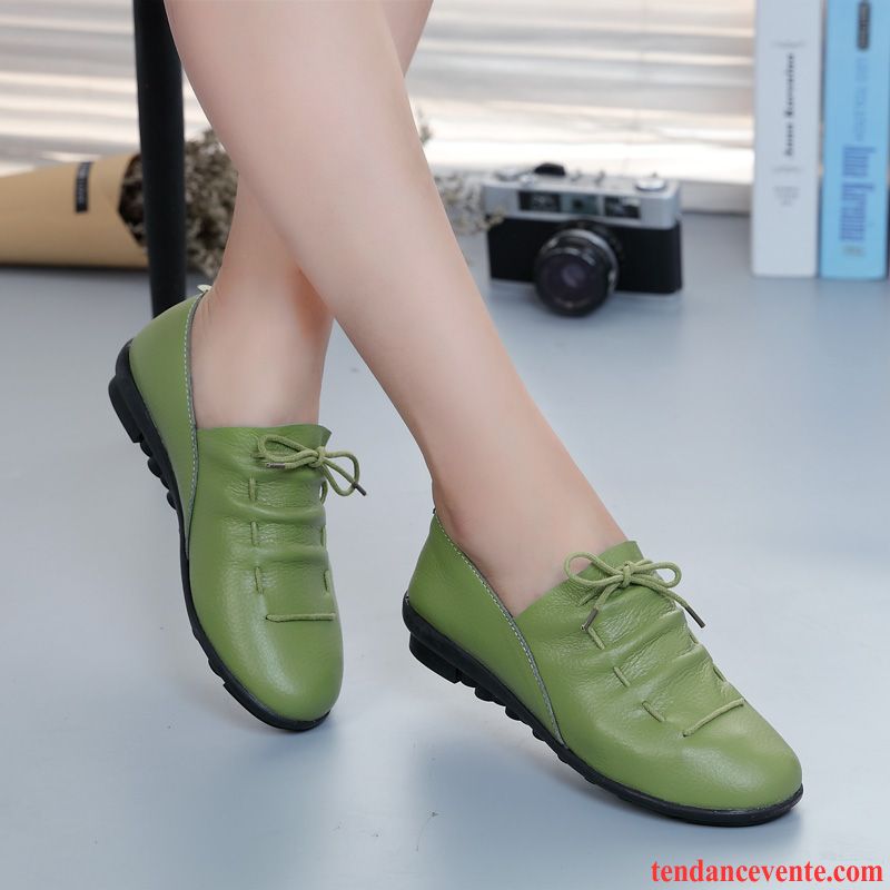 Mocassin À Talon Haut L'automne Cuir Véritable Vert Semelle Doux Femme Flats Plates Printemps Derbies Décontractée Vert