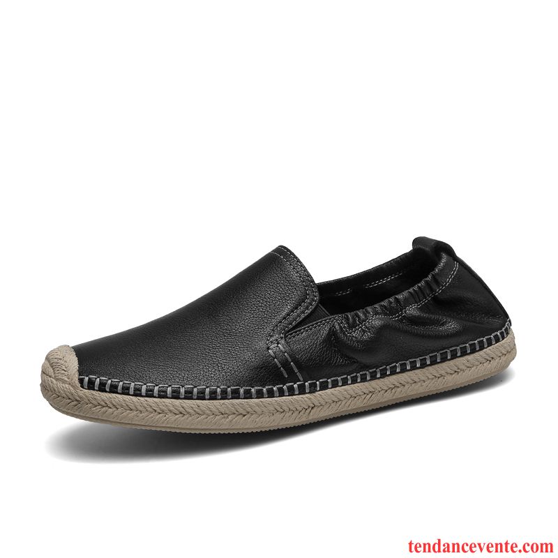 Mocassins Homme Cuir Véritable Chaussures En Tissu Style Chinois Slip-on Noir