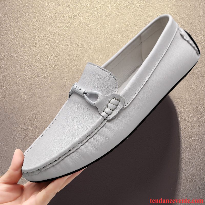 Mocassins Homme Cuir Véritable Décontractée Semelle Doux Été Paresseux Marque Blanc