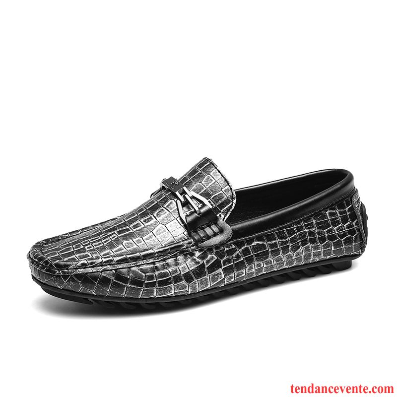 Mocassins Homme Derbies Cuir Véritable Slip-on Tendance Décontractée Paresseux Noir Argent