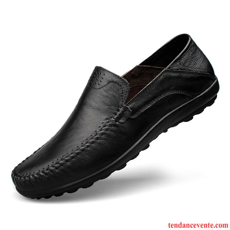 Mocassins Homme Derbies Été Respirant Creux Guipure Semelle Doux Cuir Véritable Noir