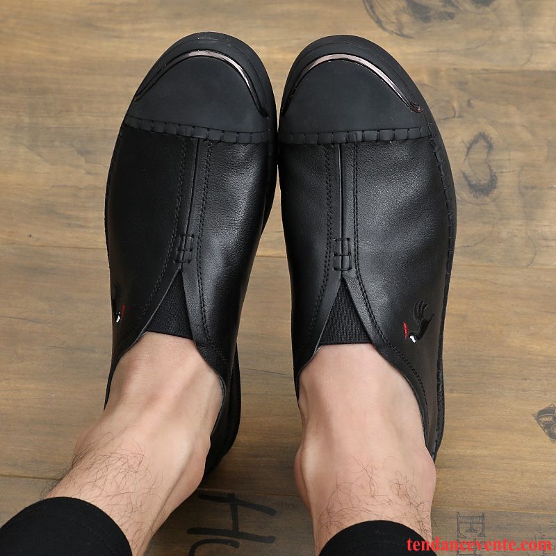 Mocassins Homme Décontractée Broderie Angleterre Paresseux Slip-on Cuir Véritable Noir