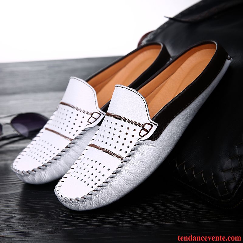 Mocassins Homme Décontractée Paresseux Chaussons Cuir Véritable Printemps Été Blanc