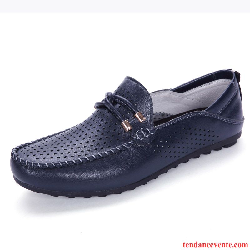 Mocassins Homme Décontractée Paresseux Respirant Cuir Véritable Creux Guipure Derbies Bleu Blanc