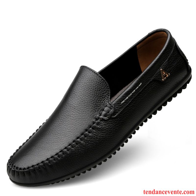 Mocassins Homme Décontractée Semelle Doux Respirant Été Cuir Véritable Creux Guipure Noir